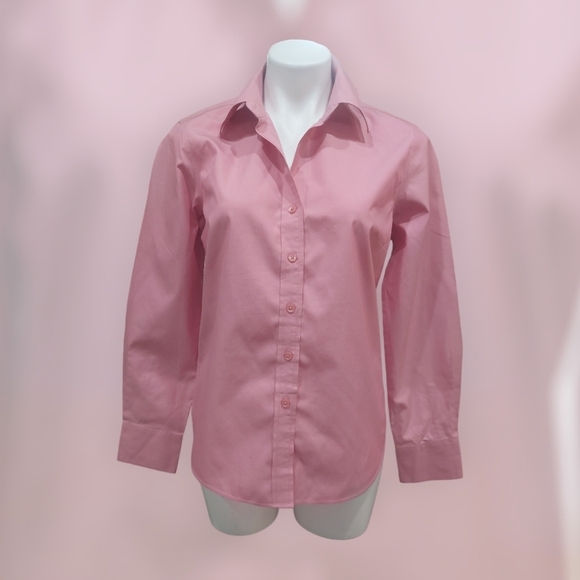 Harold's Tops - Harolds Women’s Sz M Pink V-Neck Button Front Collared City Shirt Classic Style